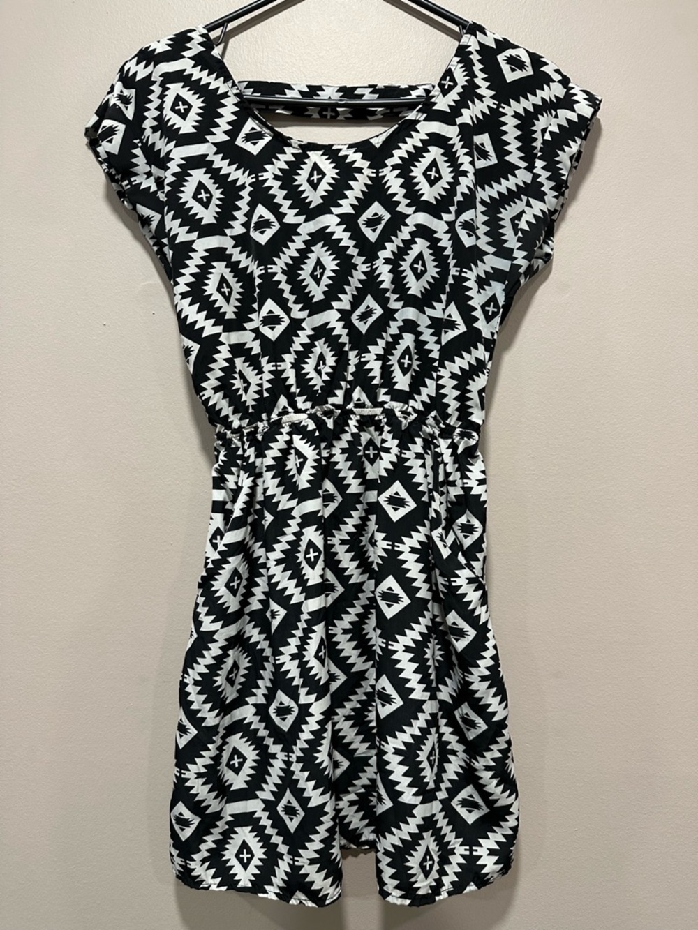 Pink Rose Black & White Aztec Print Mini Dress with Pockets - Size S